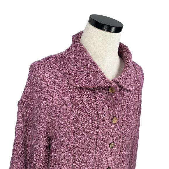 Aran Sweater Market Cardigan Womens XL Purple Pink Merino Wool Cable Knit Irish - Picture 3 of 11